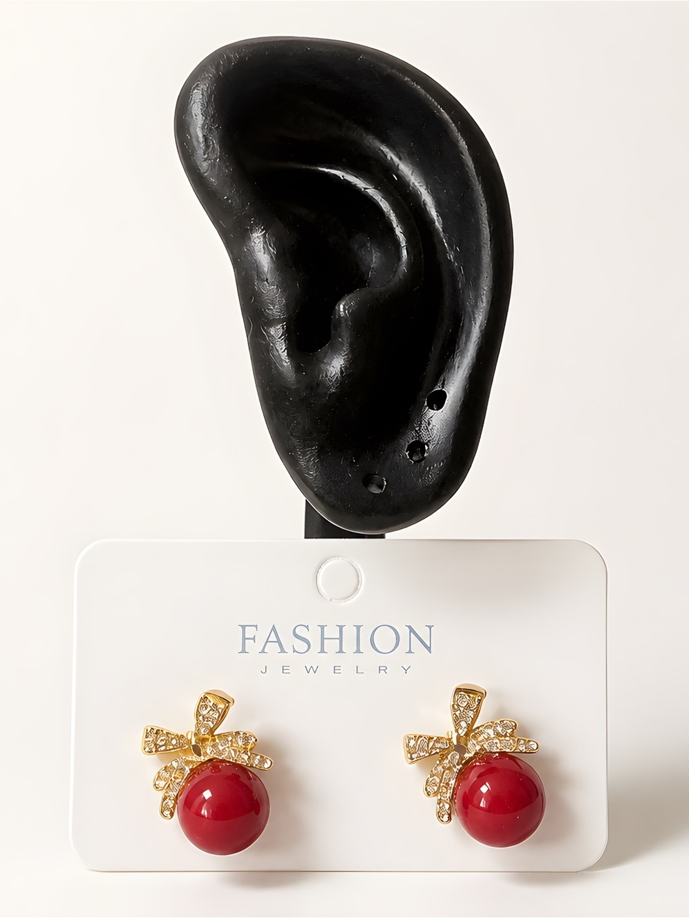 Fashion Jewelry Gold Bow Earrings with Red Orb Accent